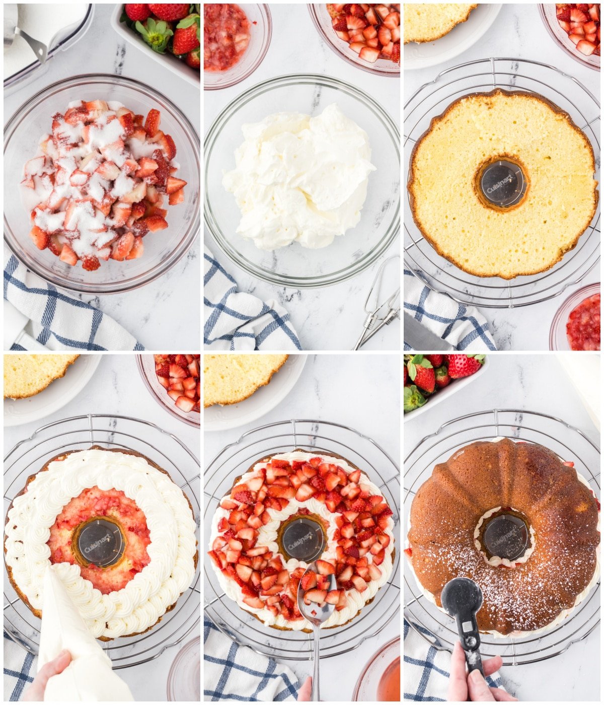 A collage of six images showing how to assemble the strawberry shortcake.