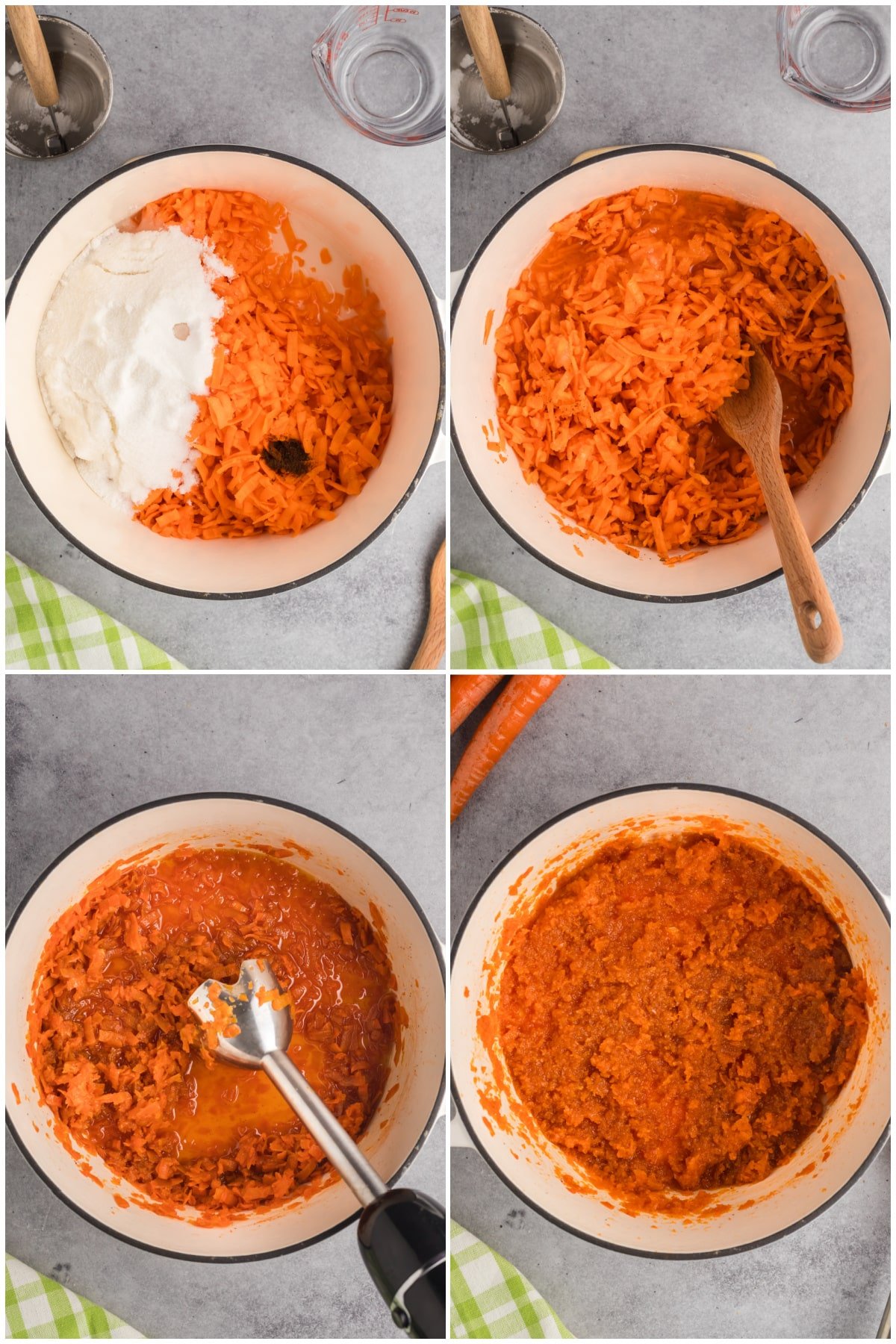 A collage of four images showing instructions to make the jam recipe.