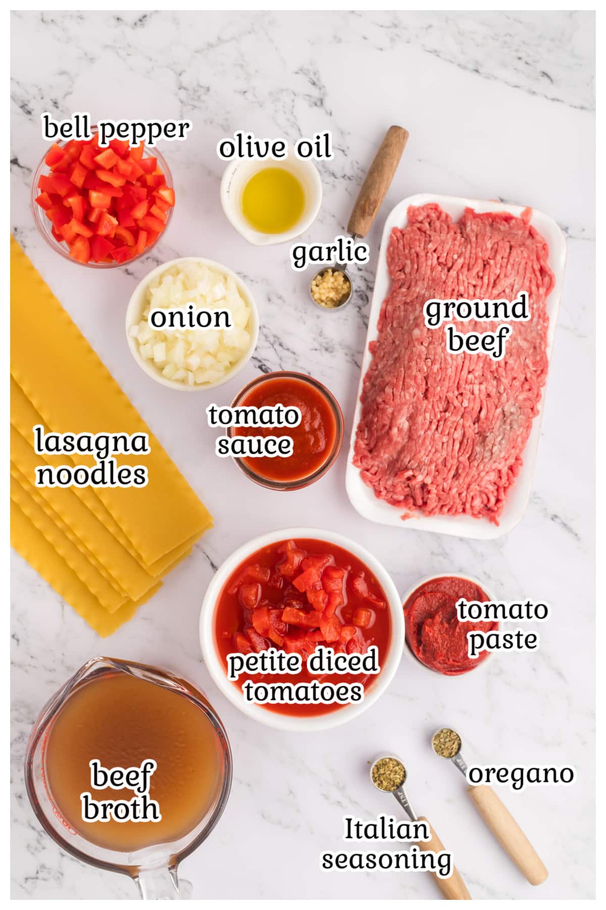 Ingredients for slow cooker lasagna soup on countertop.