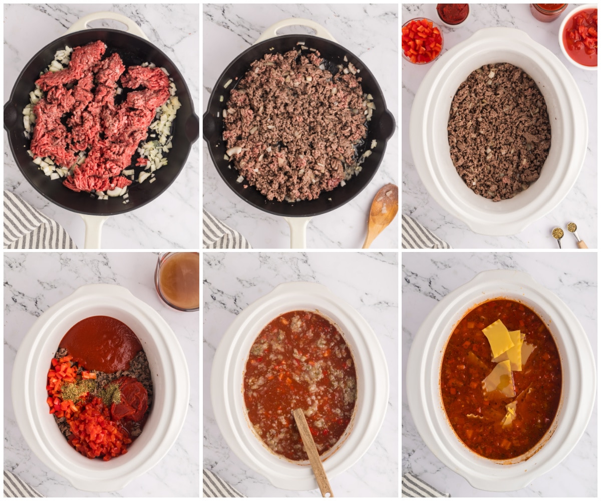 A collage of 6 images with instructions to make the soup recipe.