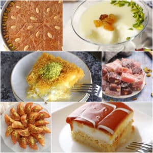 Images of most popular Middle Eastern desserts in a collage.