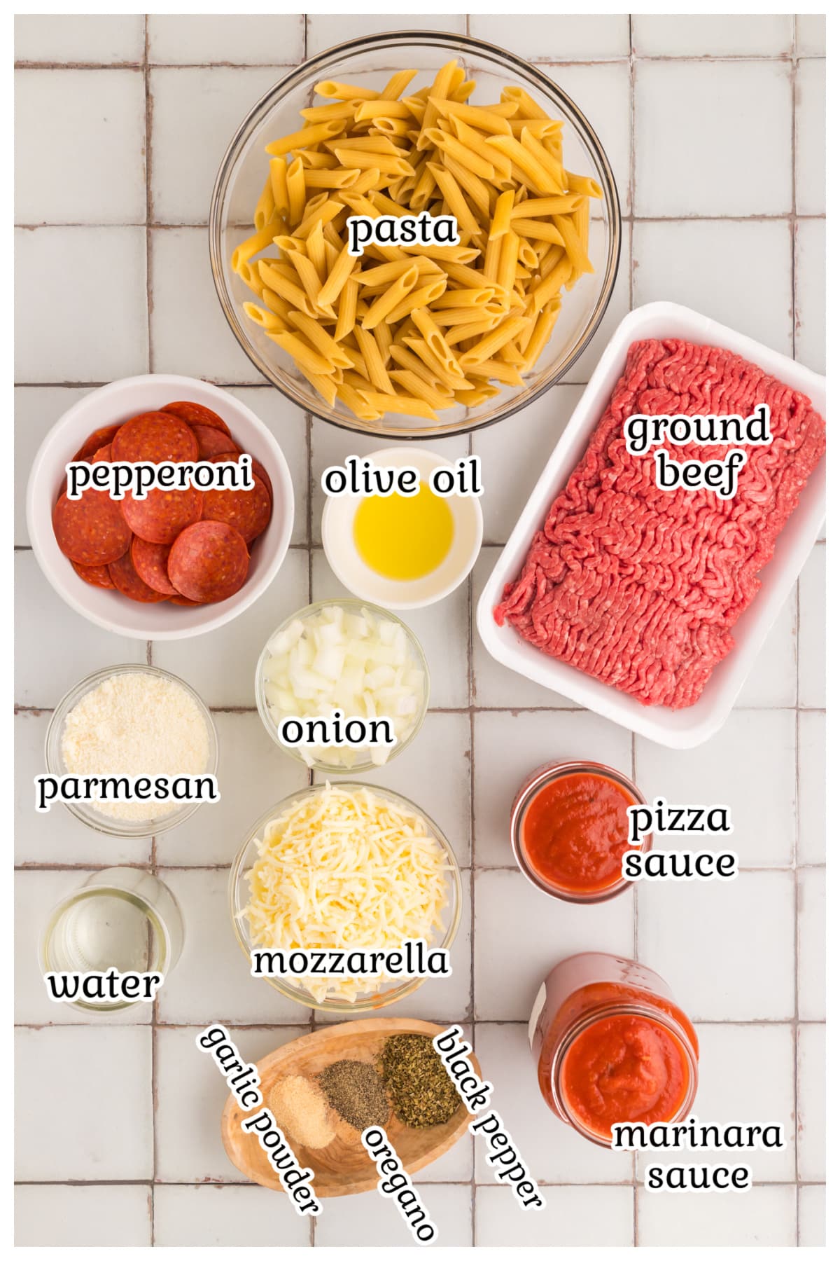 Casserole ingredients on a countertop with text overlay.