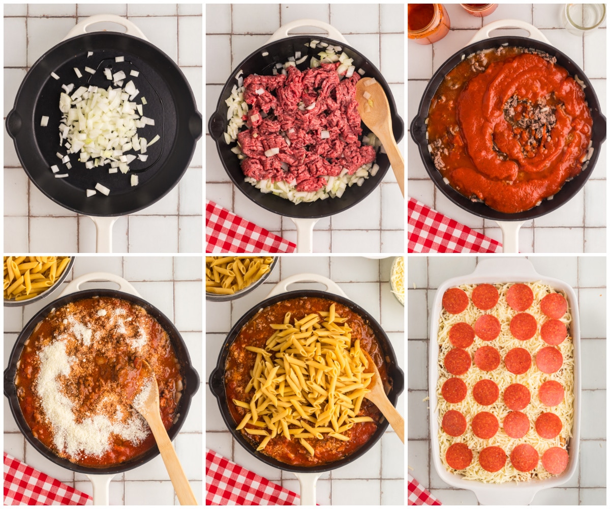 A collage of 6 images with instructions to make the casserole.
