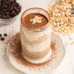 An overhead view of a jar with triamisu oats.