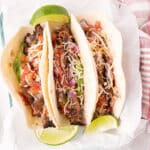 Overhead image of flank steak tacos.