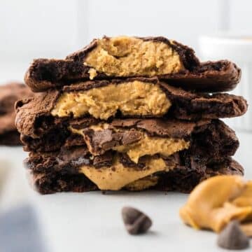 A close up image of a stack of brownie cookies.