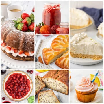 A collage of desser recipes with fresh summer fruits.