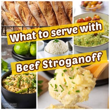 A collage with images for beef stroganoff sides with text overlay.