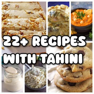 A collage of 6 images showing best recipes for tahini.