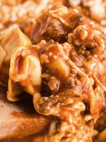 A zoomed image on a spoon with ground beef tortellini.