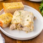 A close up image of a plate with a piece of Alfredo lasagna.