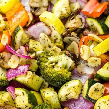 Roasted vegetables on a sheet pan.