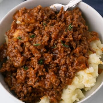 A close up image of a white bowl with the ground beef recipe.