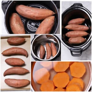 A collage of images for how to cook sweet potatoes.