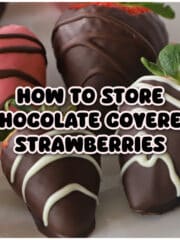 chocolate covered strawberries on a plate with text overlay.