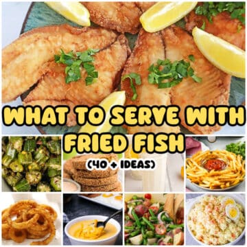 A collage of images for side dishes for fried fish with text overlay.