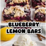 A pinterest collage for blueberry lemon bars.