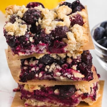 A zoom in image of blueberry lemon bars.