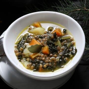 A zoomed in image on a white bowl with kale soup.