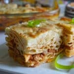 A close up image on a piece of macarona bechamel to show layers.