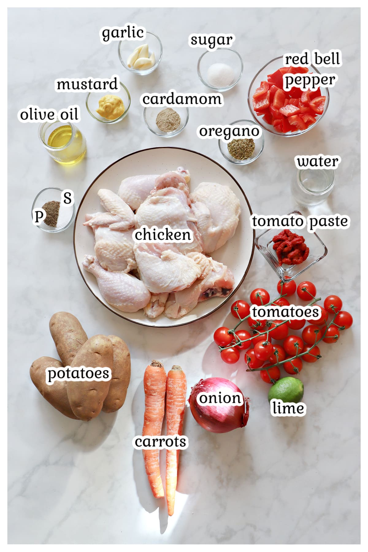 Chicken sheet pan ingredients on a countertop.