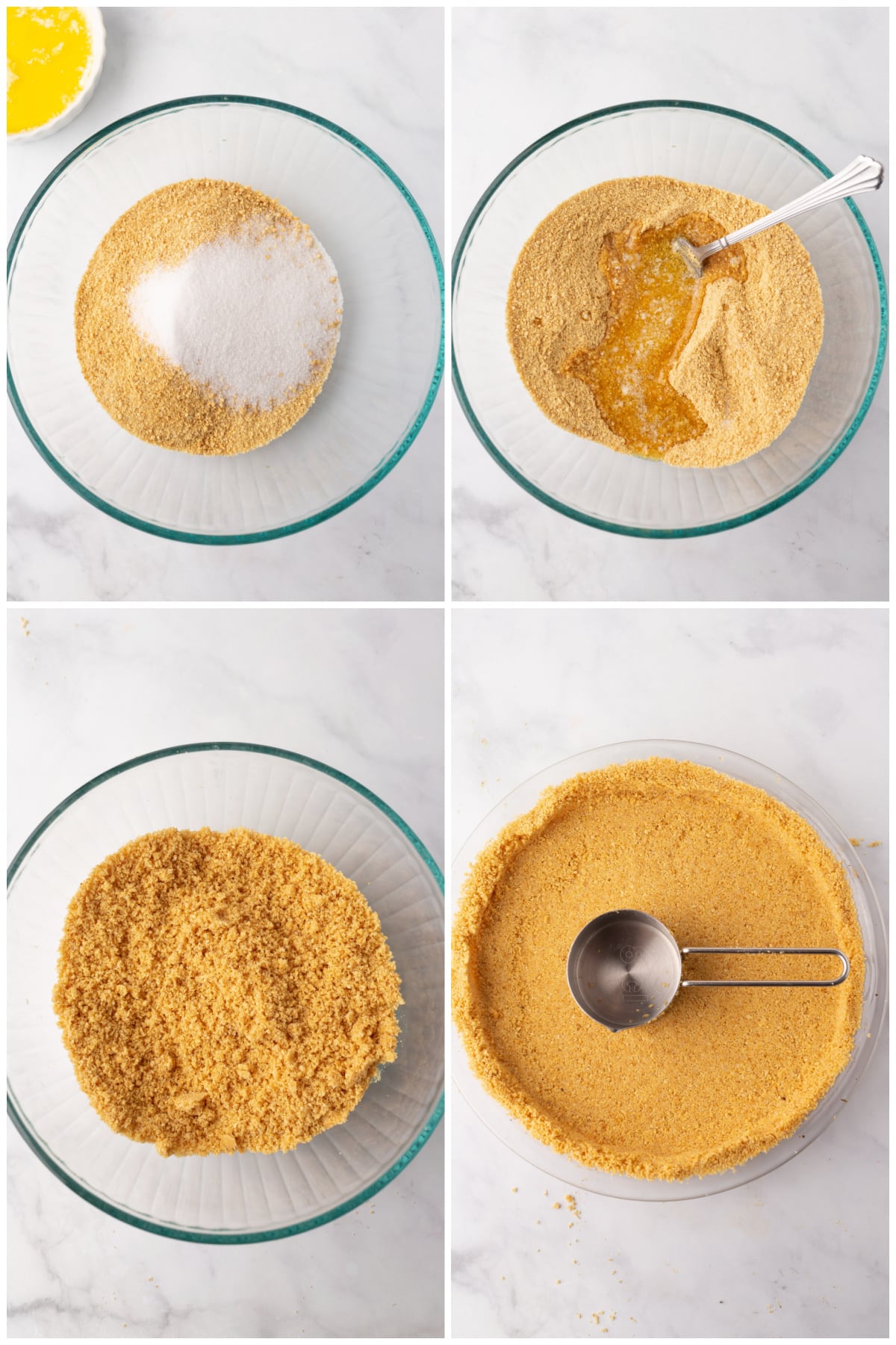 A collage of four images with instructions to make the crust recipe.
