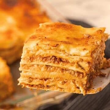 A close up photo for a piece of lasagna.