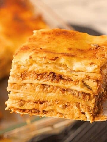 A close up photo for a piece of lasagna.