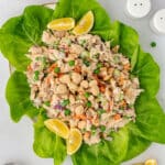 An overhead image of a salad platter with chicken salad.