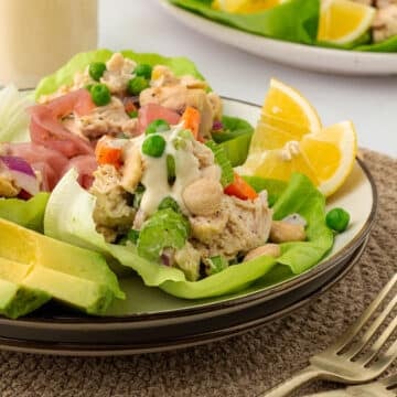 A small salad plate with chicken salad with lemon wedges and avocados.