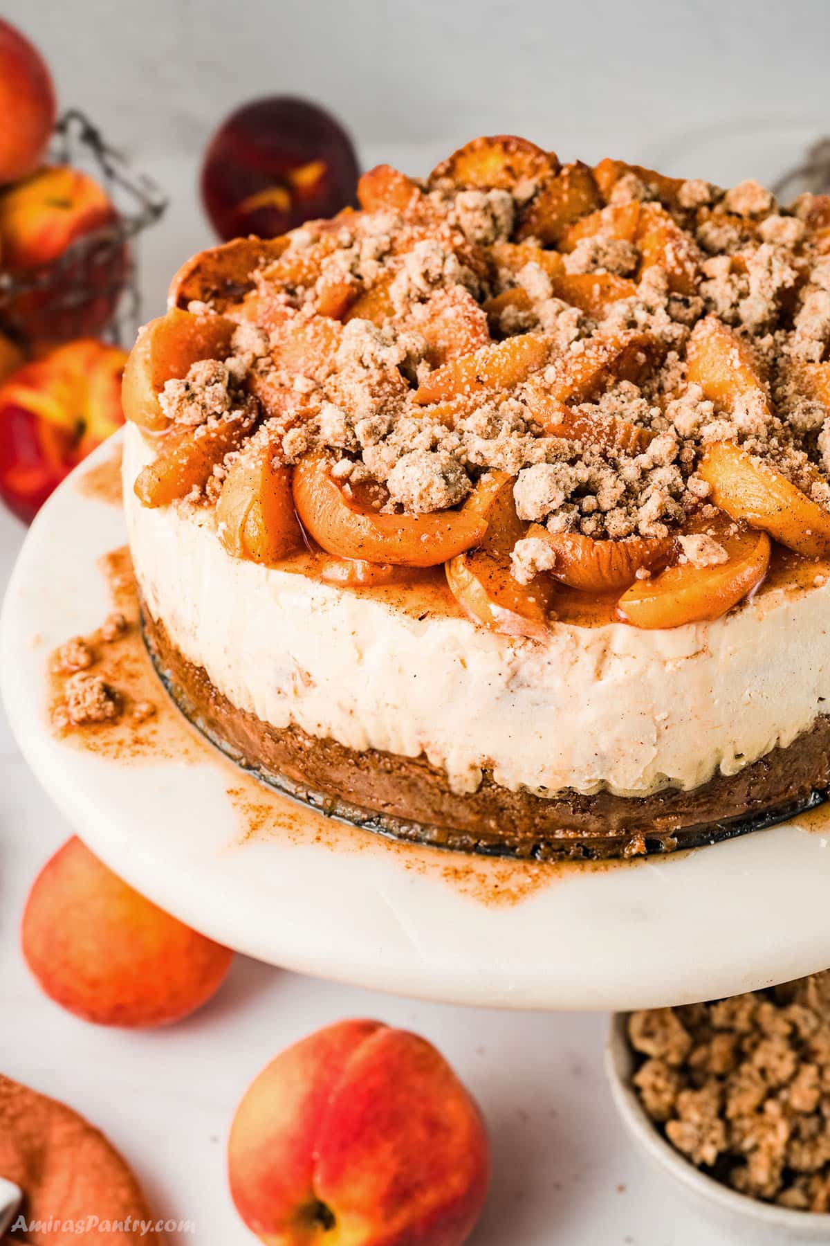 Peach Cheesecake on a serving plate.