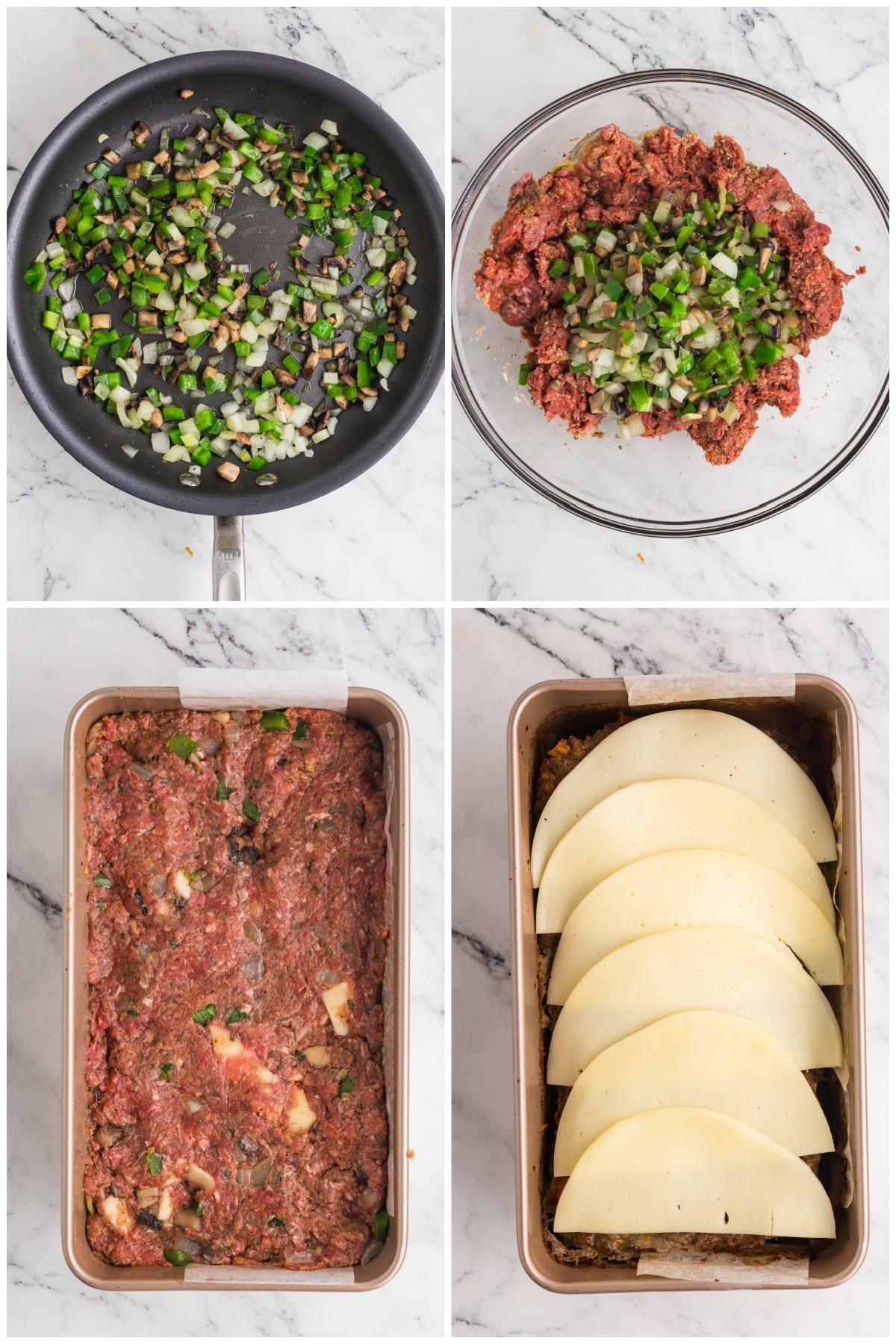 A collage of four images with instructions to make the meatloaf.