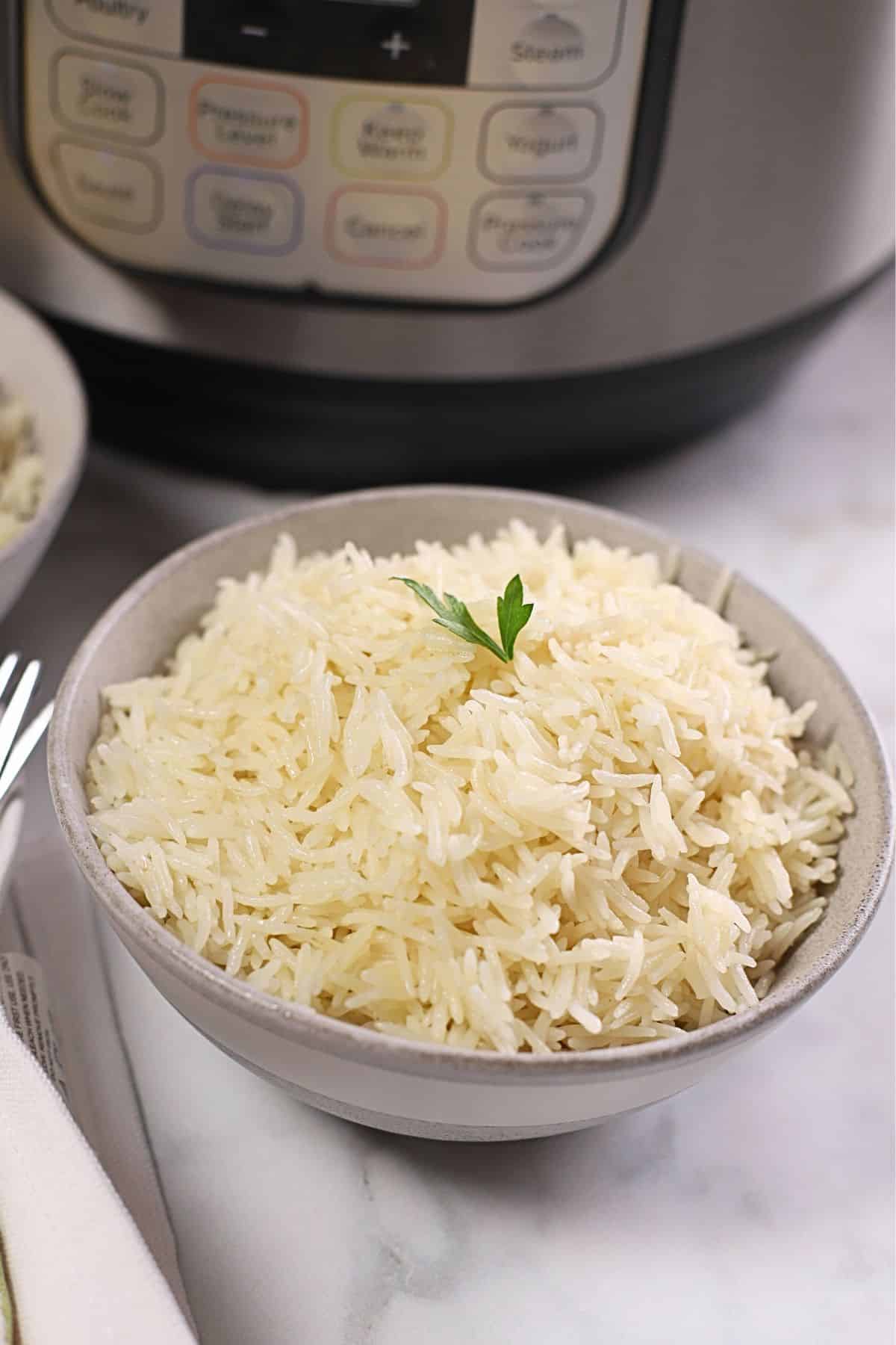 Fluffy basmati rice on a bowl with the instant pot in the background.