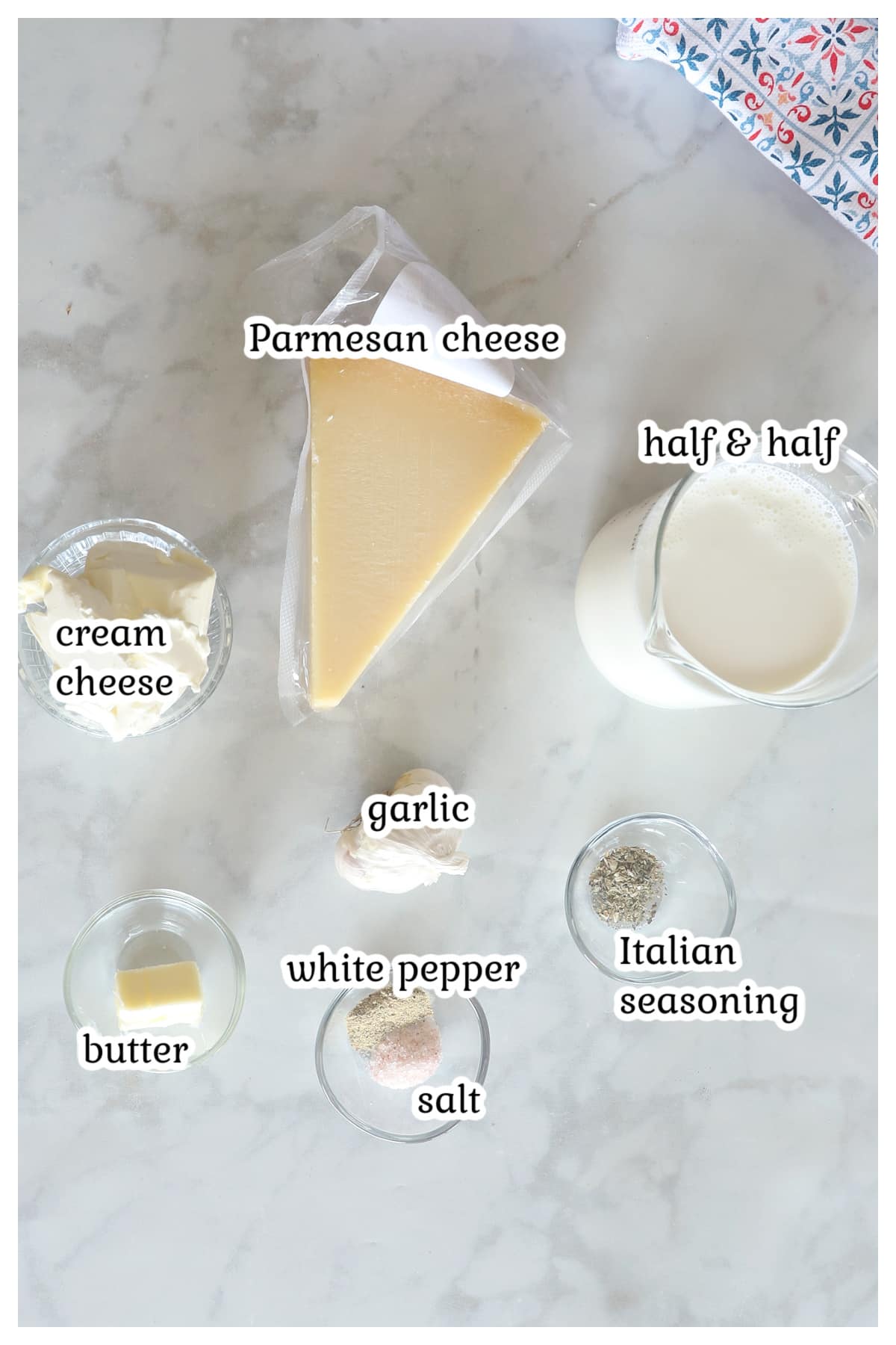 Ingredients for the Alfredo sauce recipe with hald and half.