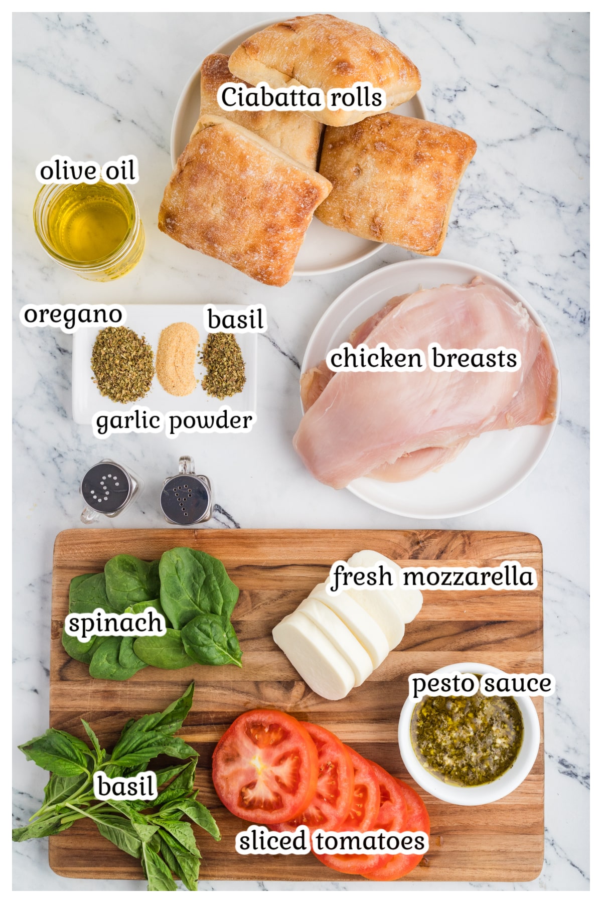 Ingredients for the chicken sandwich with text overlay.