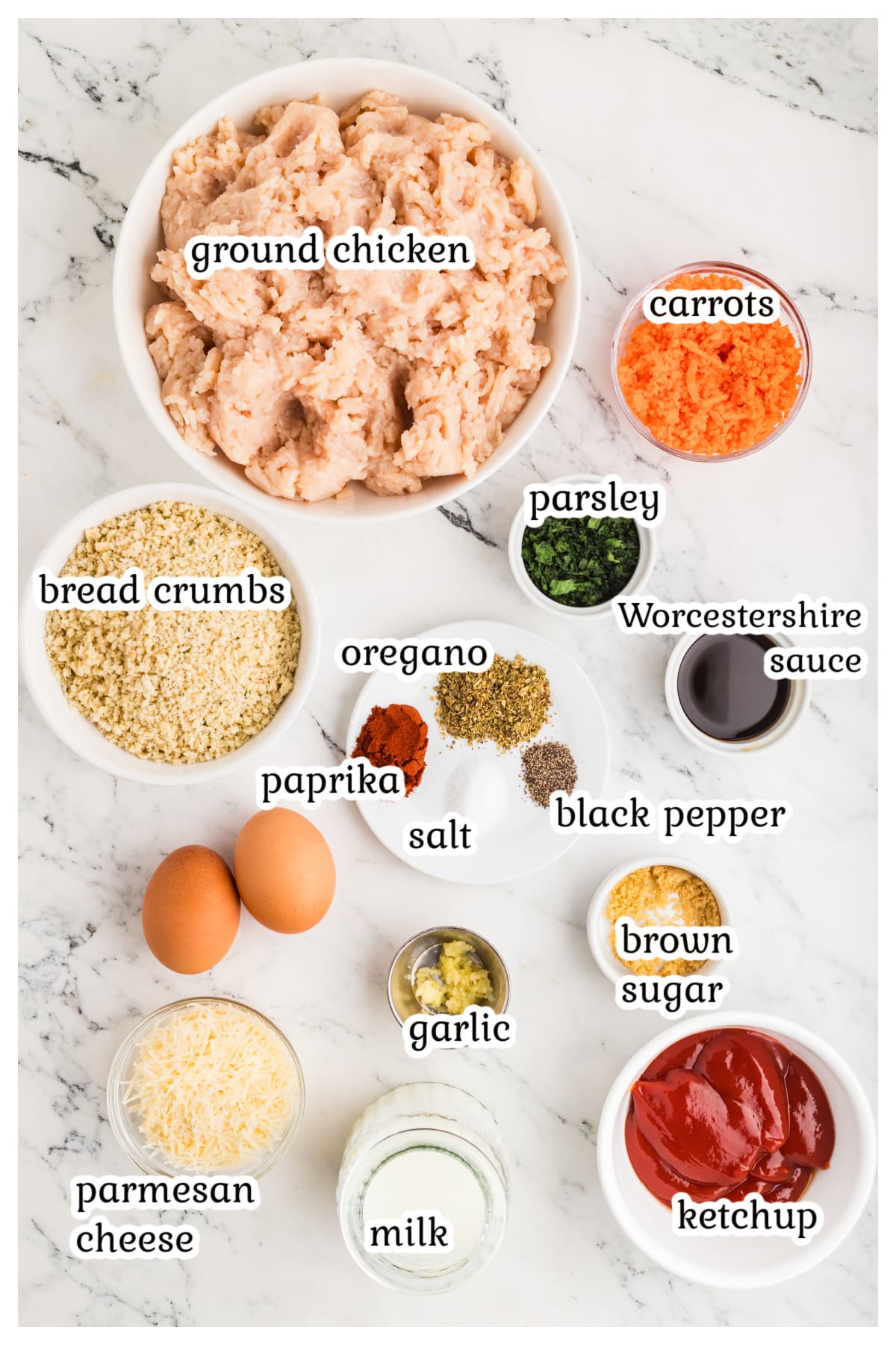 Ingredients for the chicken meatloaf recipe with text overlay.