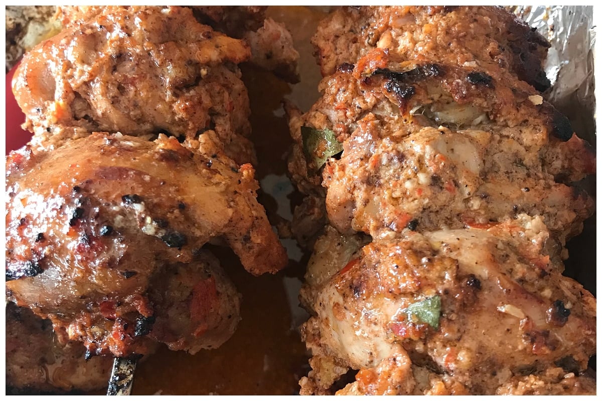 Chicken shawarma cooked in a baking dish.