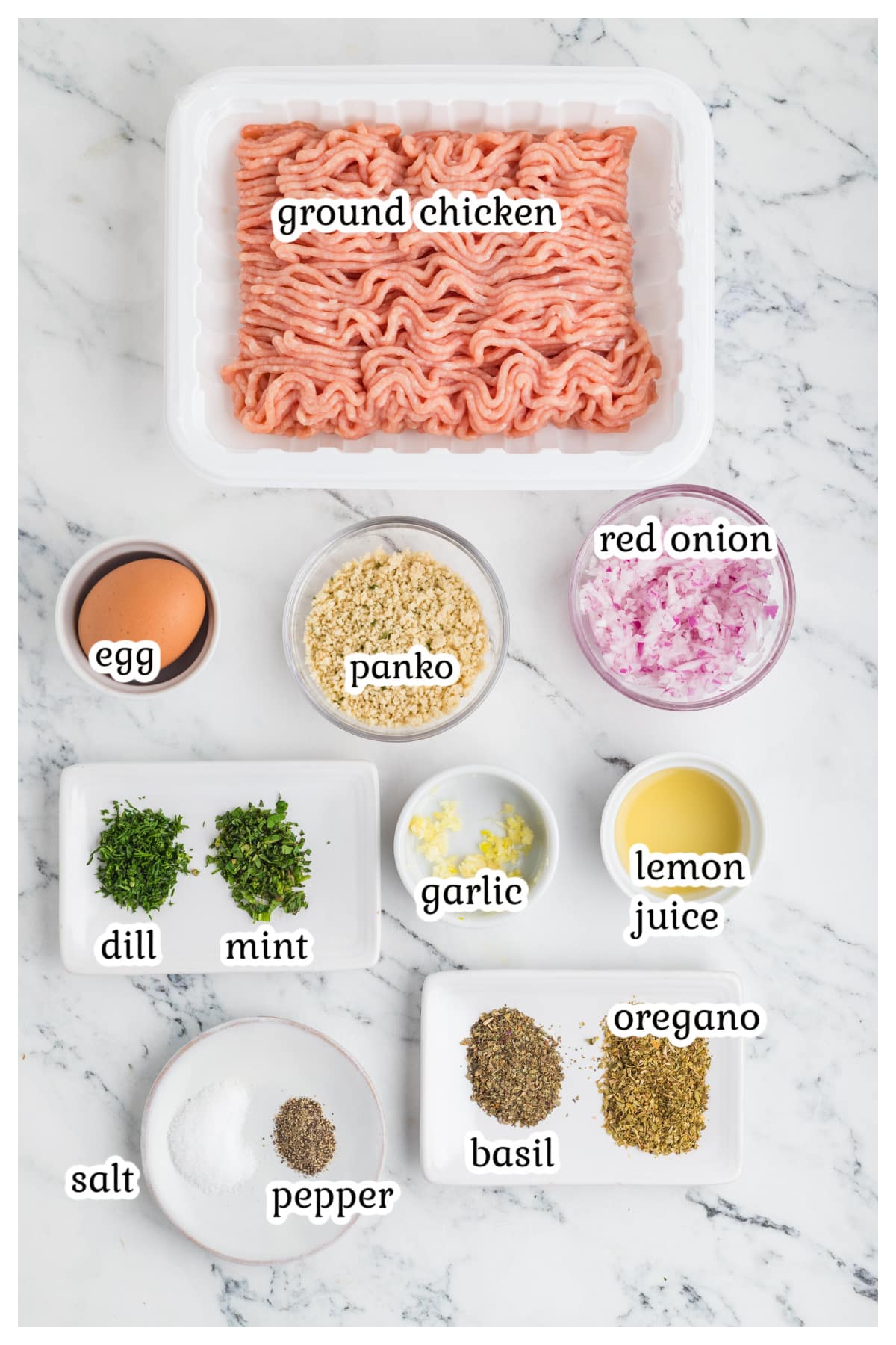 Ingredients for the chicken meatballs with text overlay.
