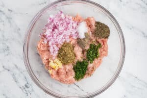 A bowl with ground chicken, herbs and onions.