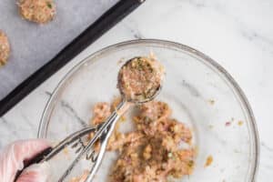 A scoop with chicken meatballs mixture.