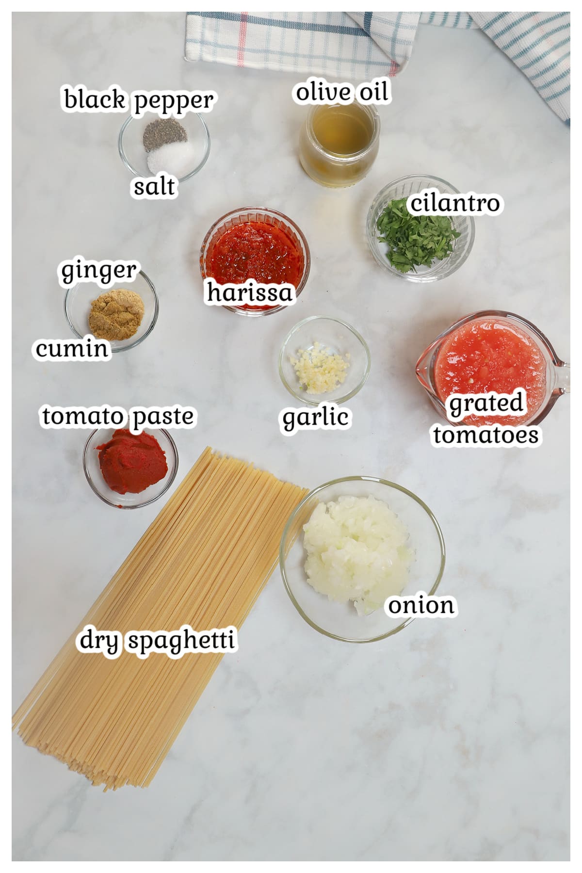 Ingredients for the pasta recipe with. text overlay.