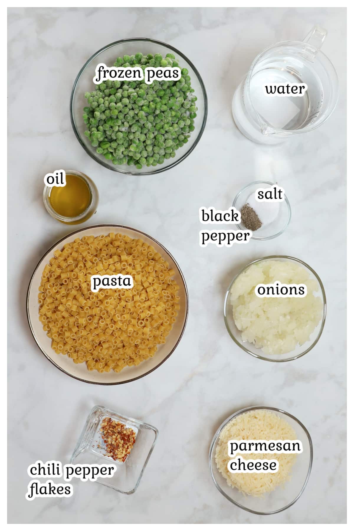 ingredients for the pasta with text overlay.