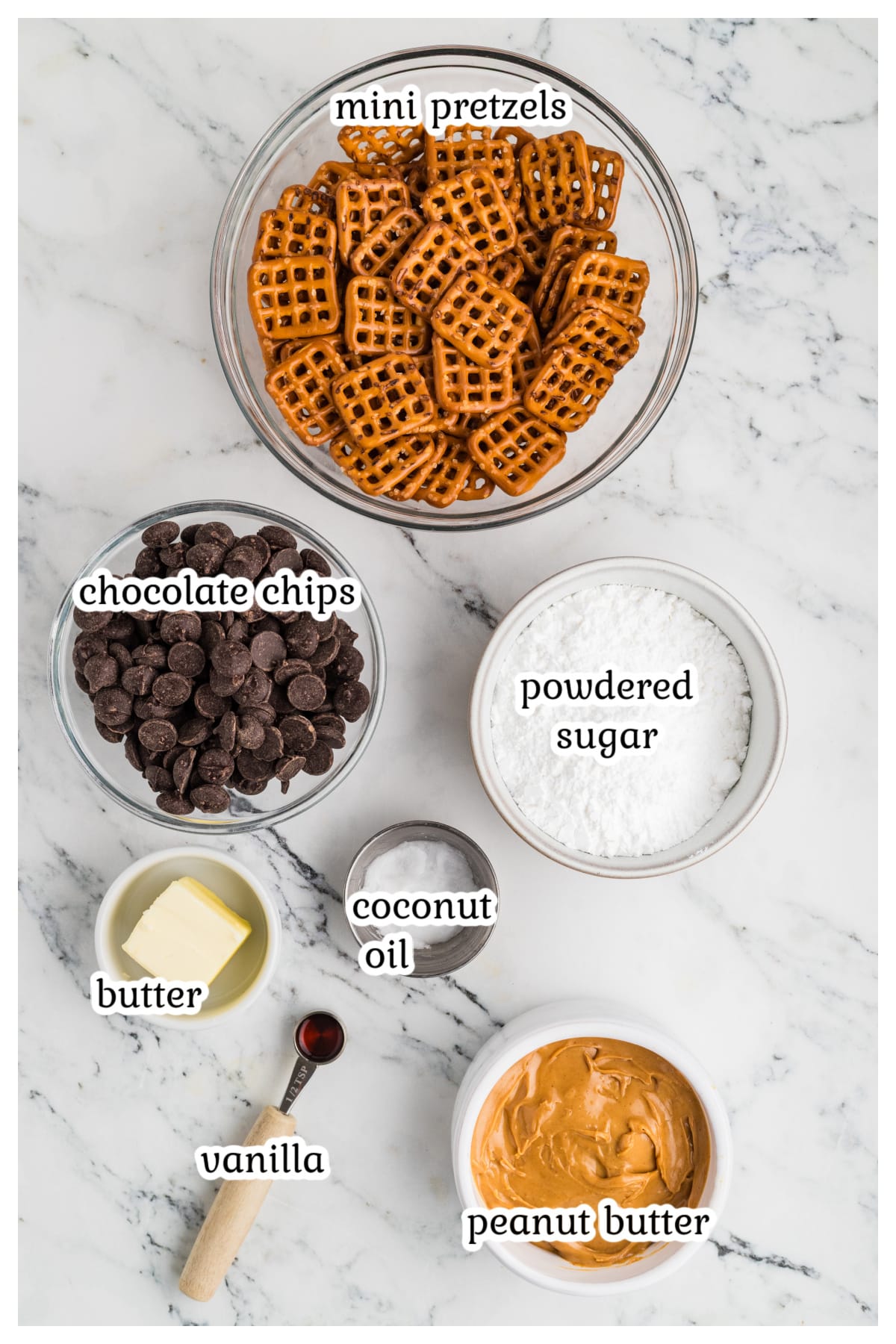 Ingredients for peanut butter pretzel bites.
