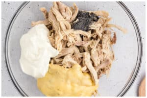 A large bowl with chicken, sour cream, cream of chicken soup and poppy seeds.