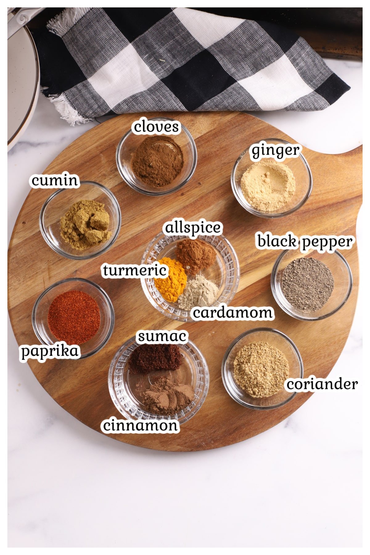 Ingredients for shawarma seasoning with text overlay.
