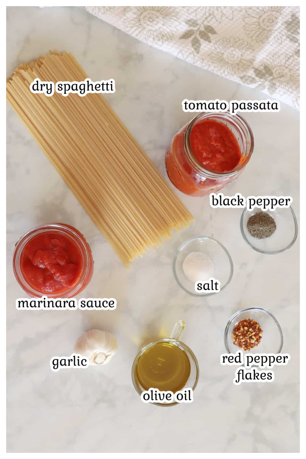 Spaghetti recipe ingredients with text overlay.