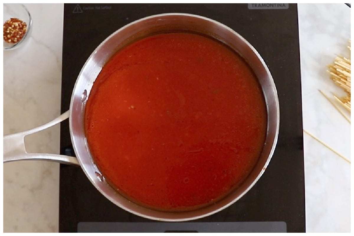 Tomato sauce in a saucepan.