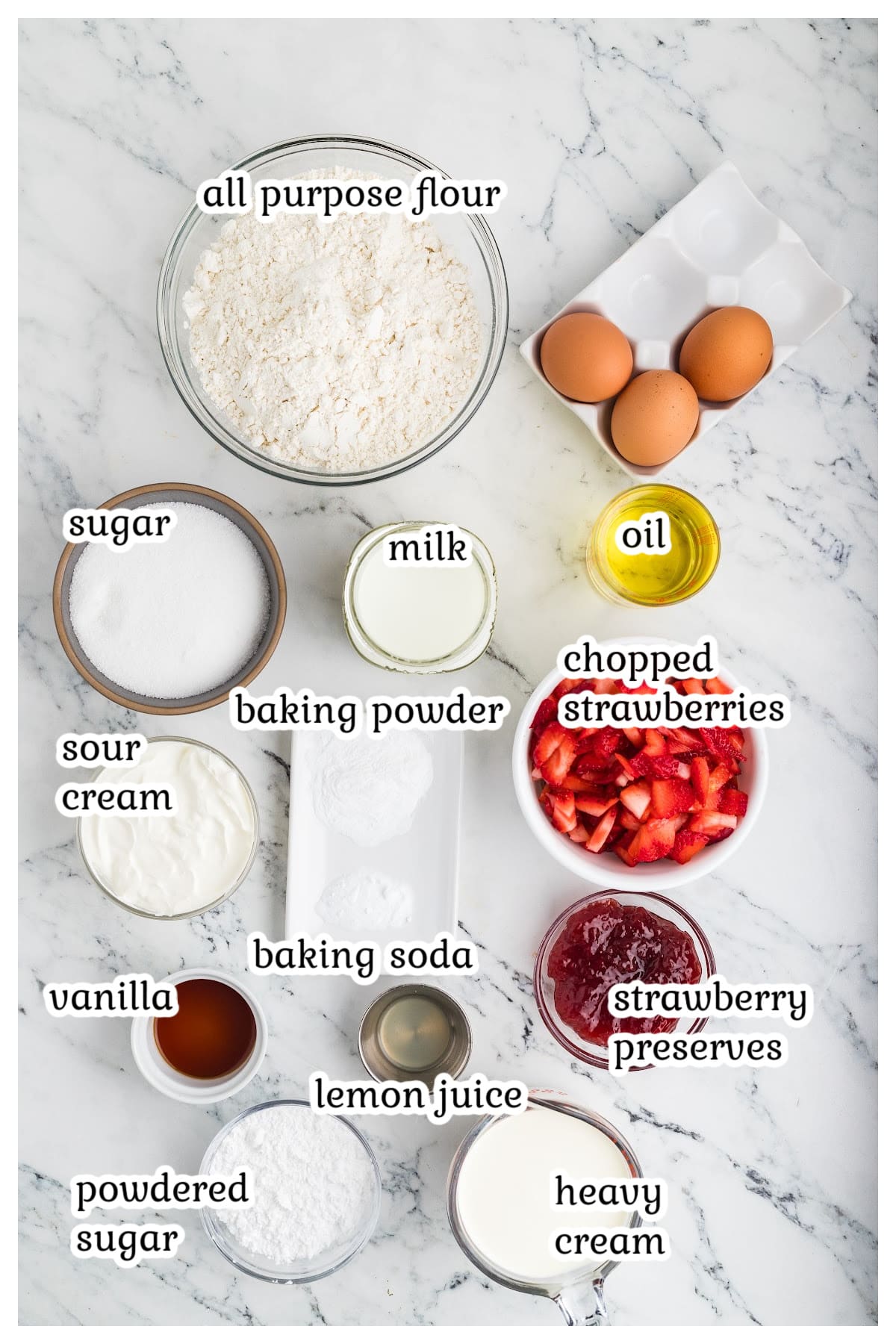 Ingredients for the strawberry cupcakes with text overlay.