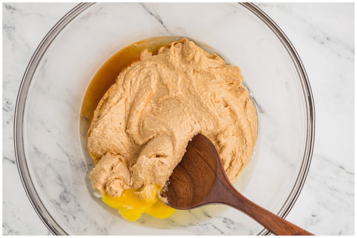 Peanut butter mixture with eggs and vanilla.