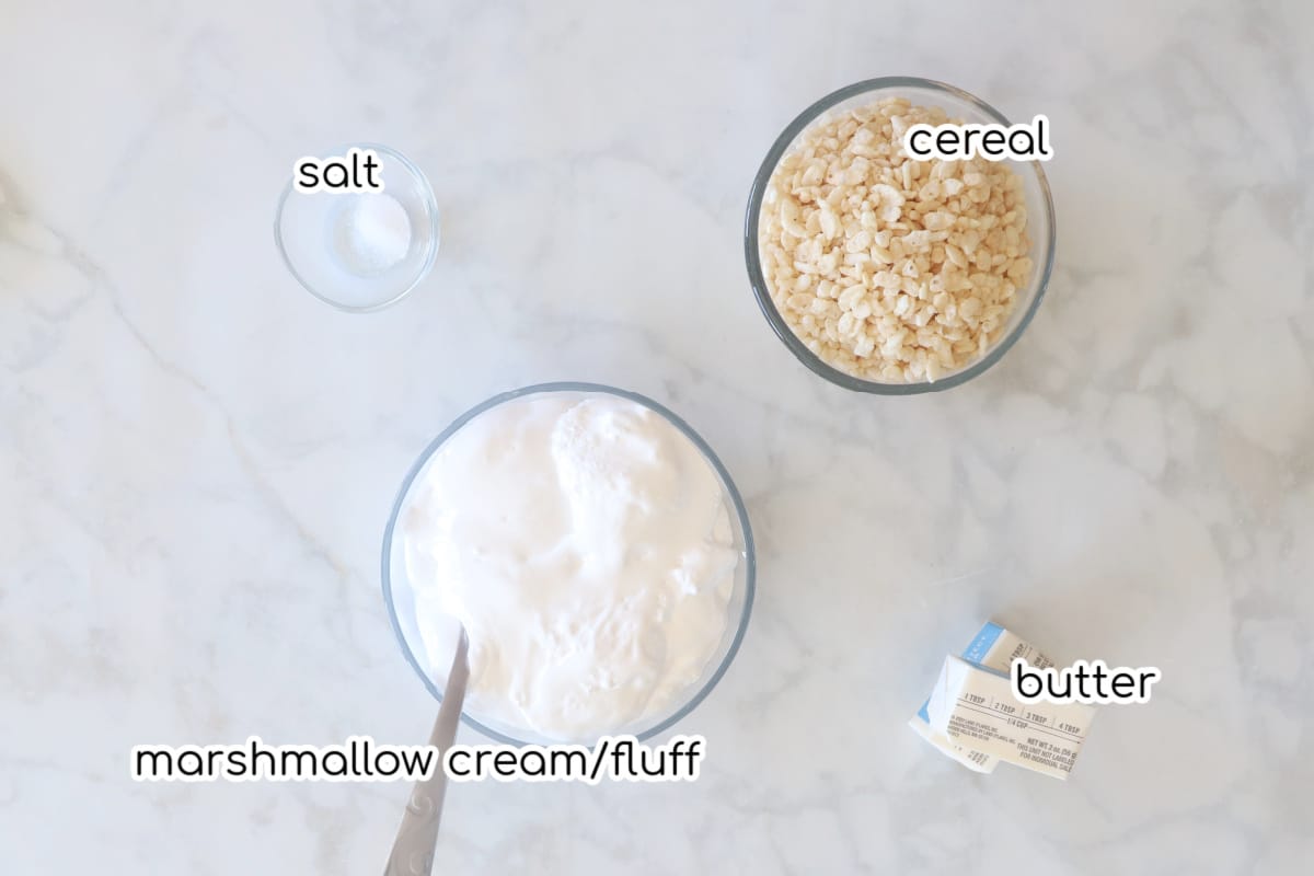 Ingredients for the rice krispie treats on a counter.